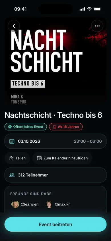 Screenshot of the PopUp app: an event with 312 participants and friends who are going