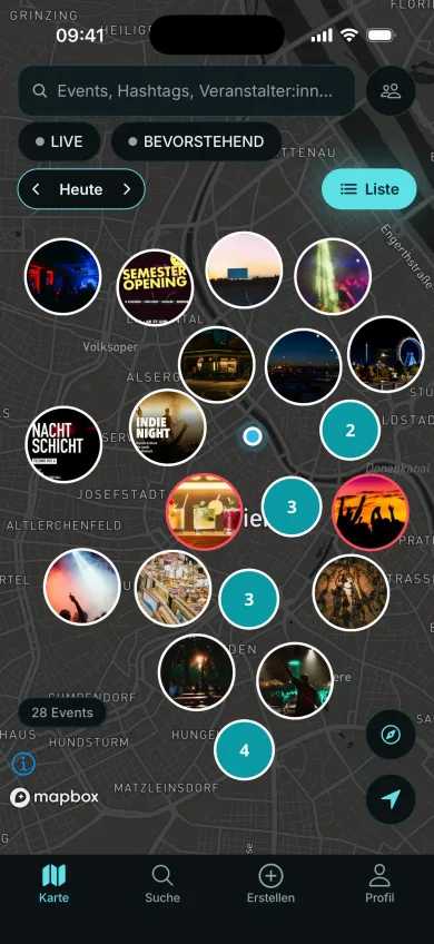Screenshot of the PopUp app: a map of Vienna full of events