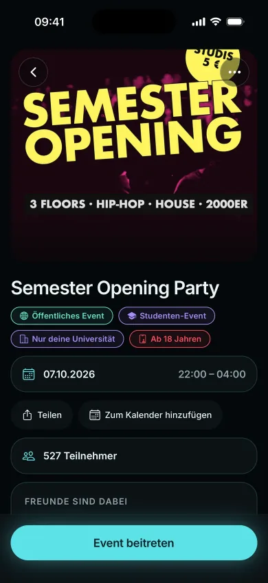 Screenshot of the PopUp app: a student party only for your university with 527 participants